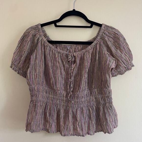 Free People Vivi Smocked Peasant Blouse Natural Stripe Sz L Neutral Boho Stripe - Picture 2 of 9